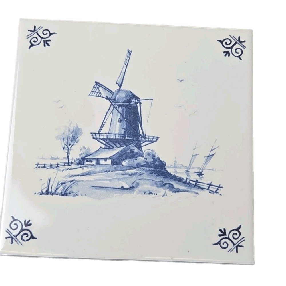 Royal Delft Tile Blue & White Holland Wind‎ Mill Windmill Harbor Boats 13x13 cm